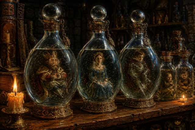Frascos de cristal con los homúnculos coronados del conde Kuffstein