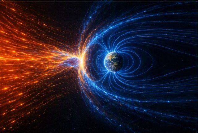 Magnetosfera terrestre y viento solar durante una reconexión magnética